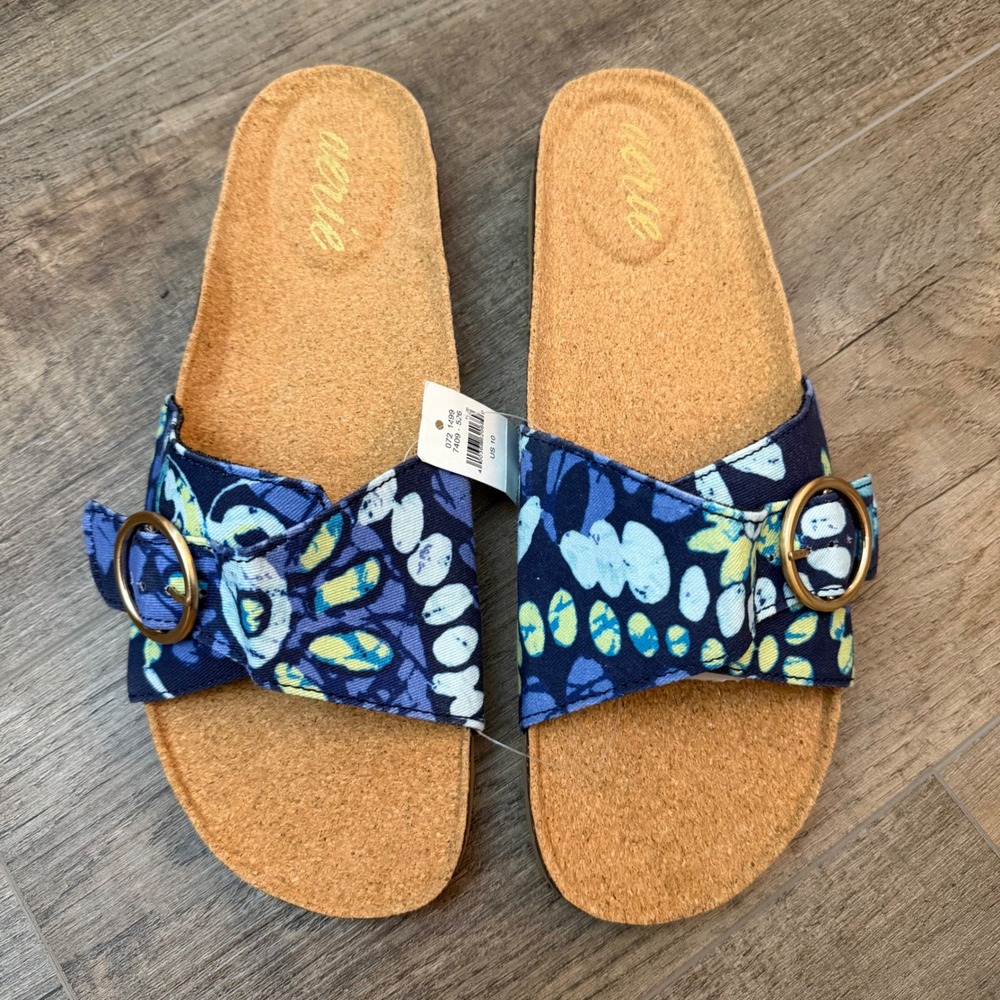 NEW Aerie Womens 10 Floral Buckle Slide Sandals Blue Yellow Cork Beach Coastal